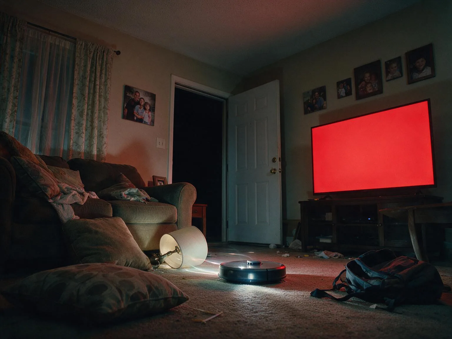 A robot vacuum works its way around an abandoned living room lit red by an emergency broadcast on the television.