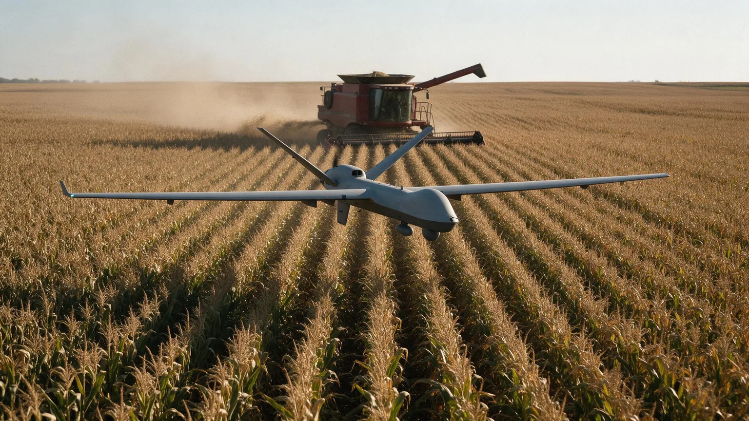 A grey military drone flies low over a cornfield at sunset while a combine harvester keeps working in the distance.