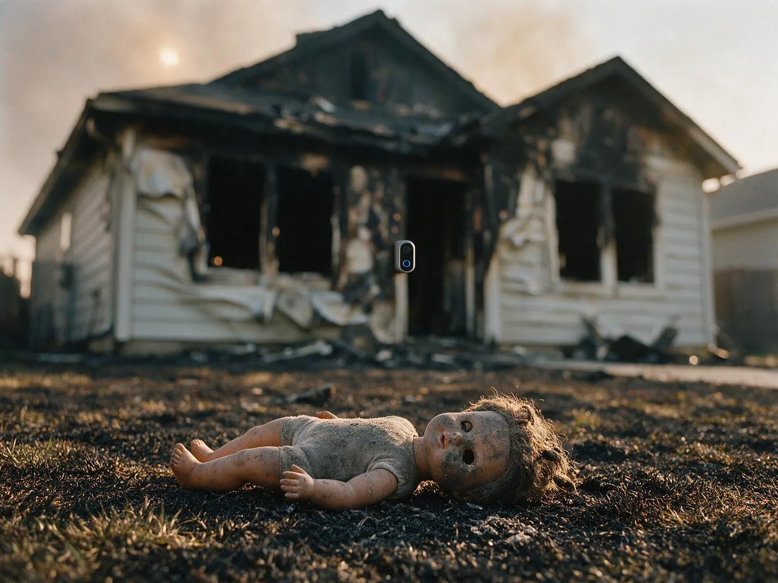 A soot-covered doll lies on a burnt suburban lawn while a smart doorbell camera glows on the charred doorframe behind it.