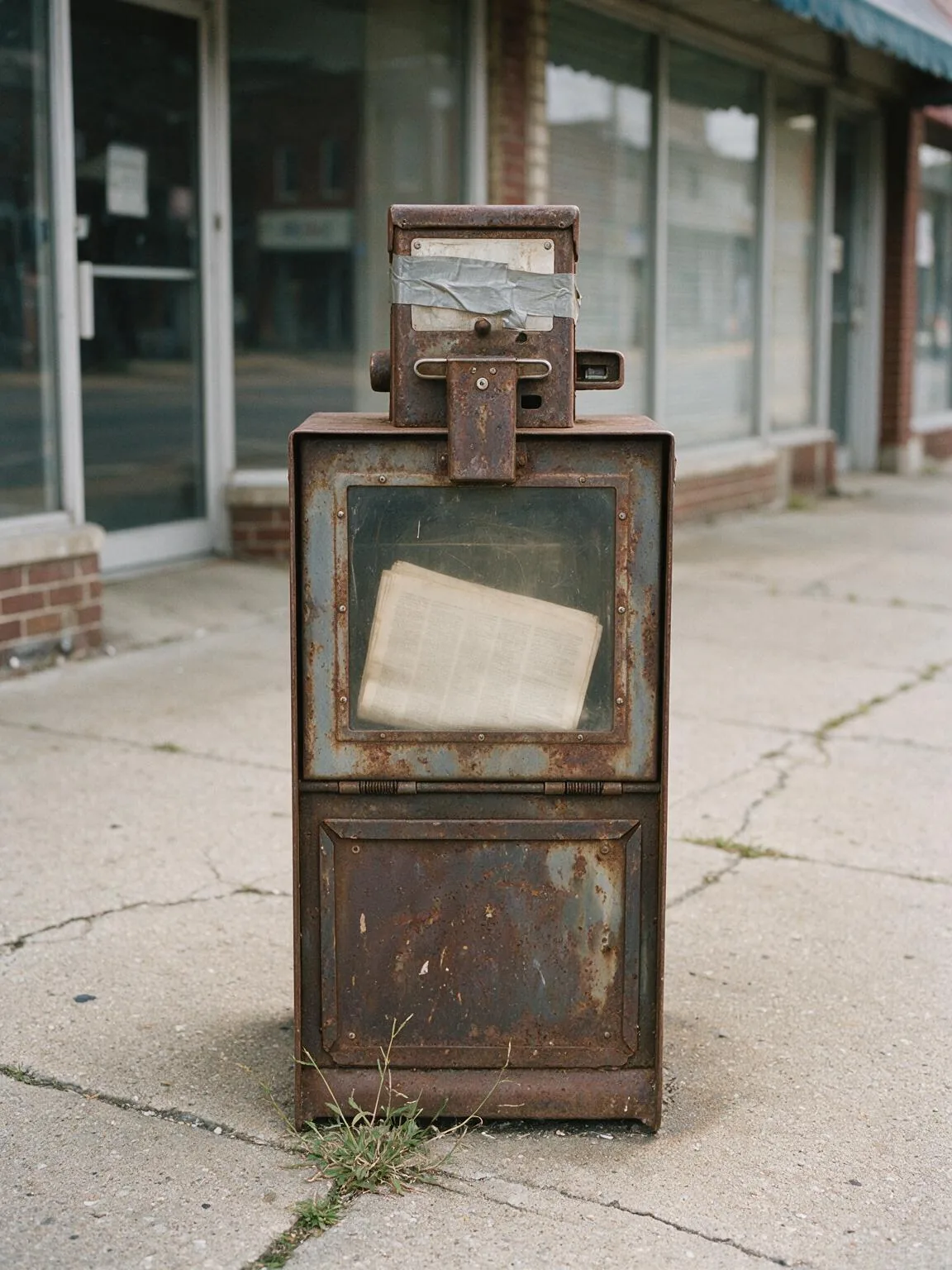 A rusted newspaper vending box on an empty sidewalk, its window holding a single front page bleached blank by the sun.