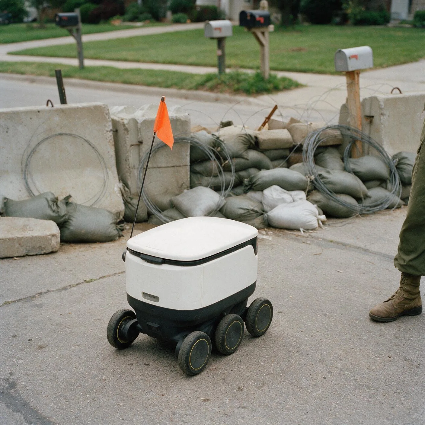 A small sidewalk delivery robot waits at a sandbagged checkpoint on a suburban street.