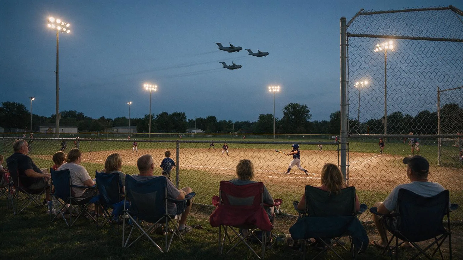 Parents watch a children's baseball game at dusk while a formation of military transport aircraft crosses the sky above the outfield.