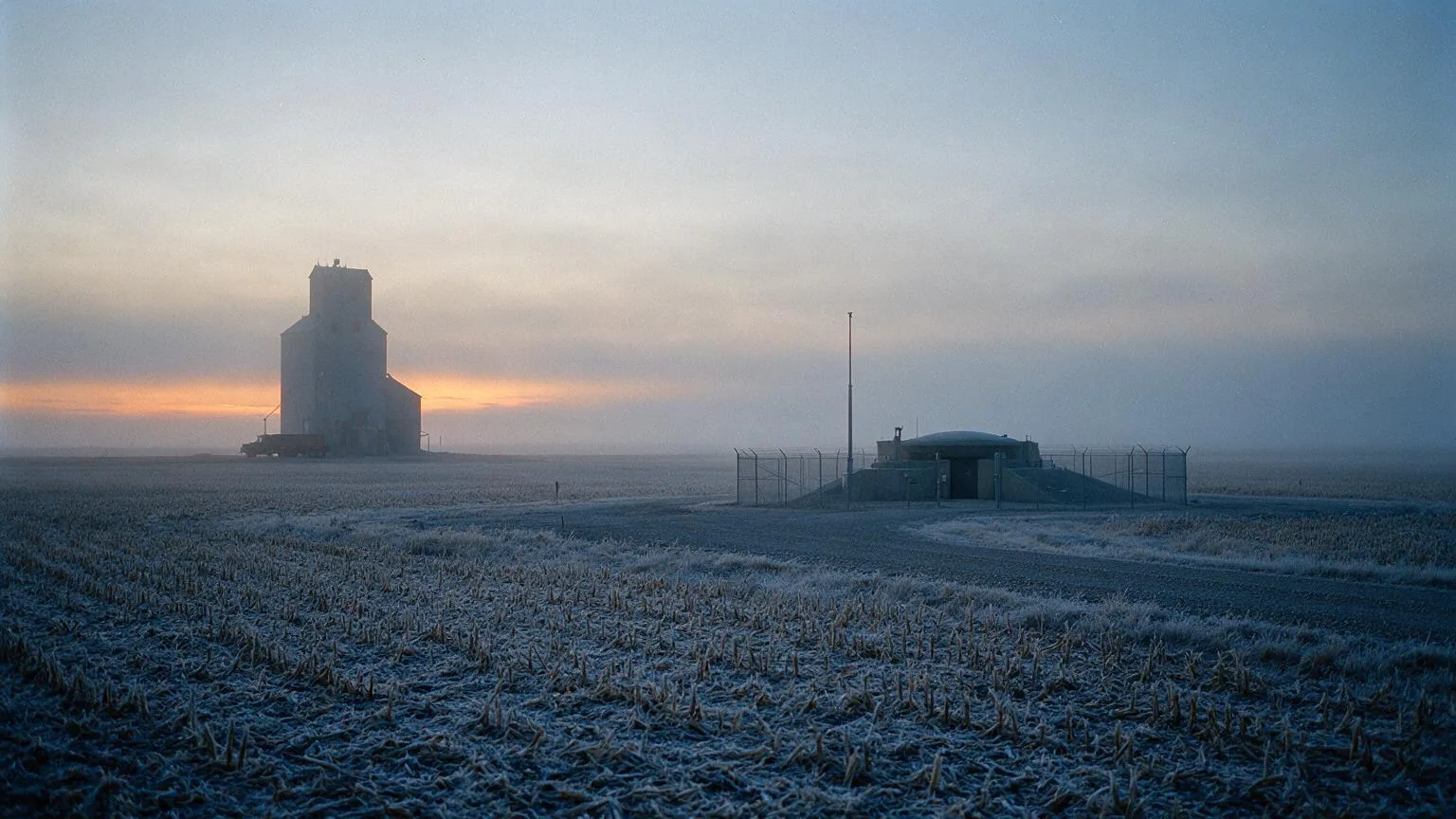 A concrete grain elevator and a missile silo headworks stand in matching silhouette on a flat plains horizon.