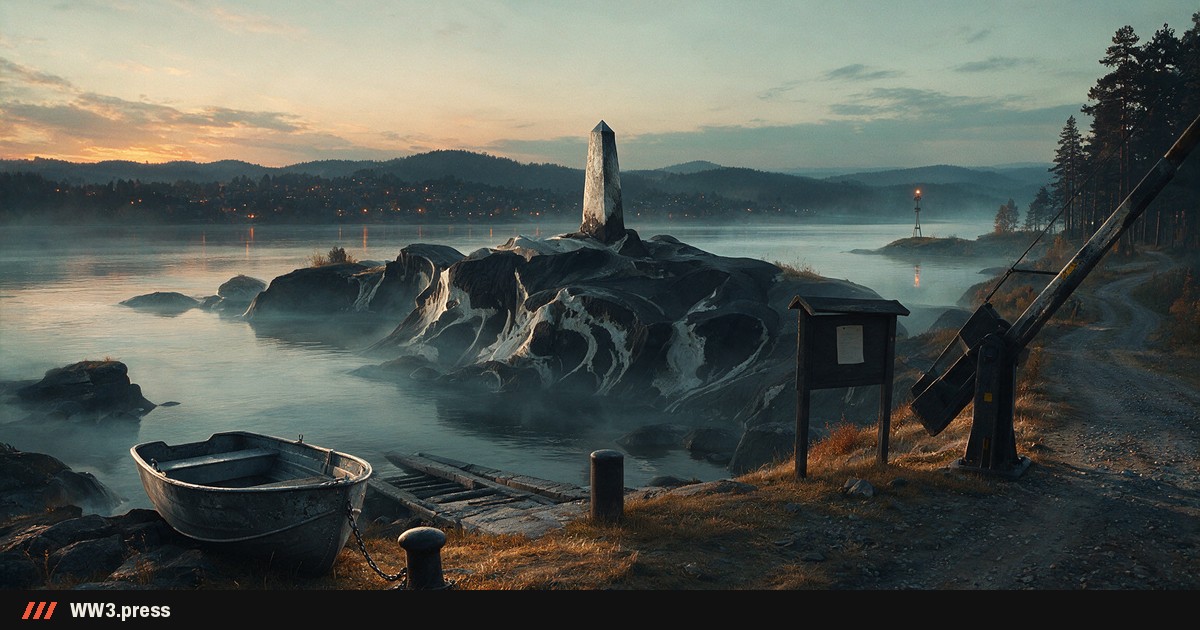 A chained boat and a lowered barrier pole on a misty riverbank at dusk, with town lights across the water.