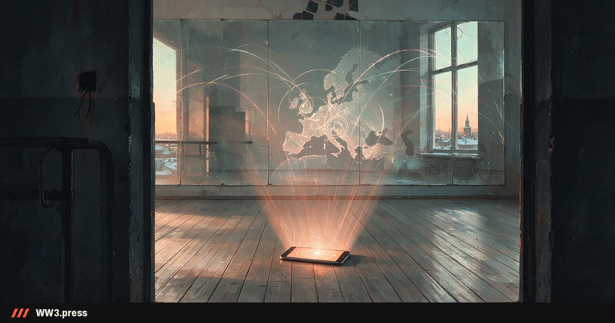 An empty mirrored dance studio at dusk with a glowing phone on the floor casting route-like lines across the mirror.